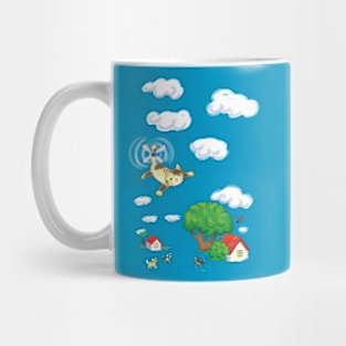 cartoon flying cat over houses Mug